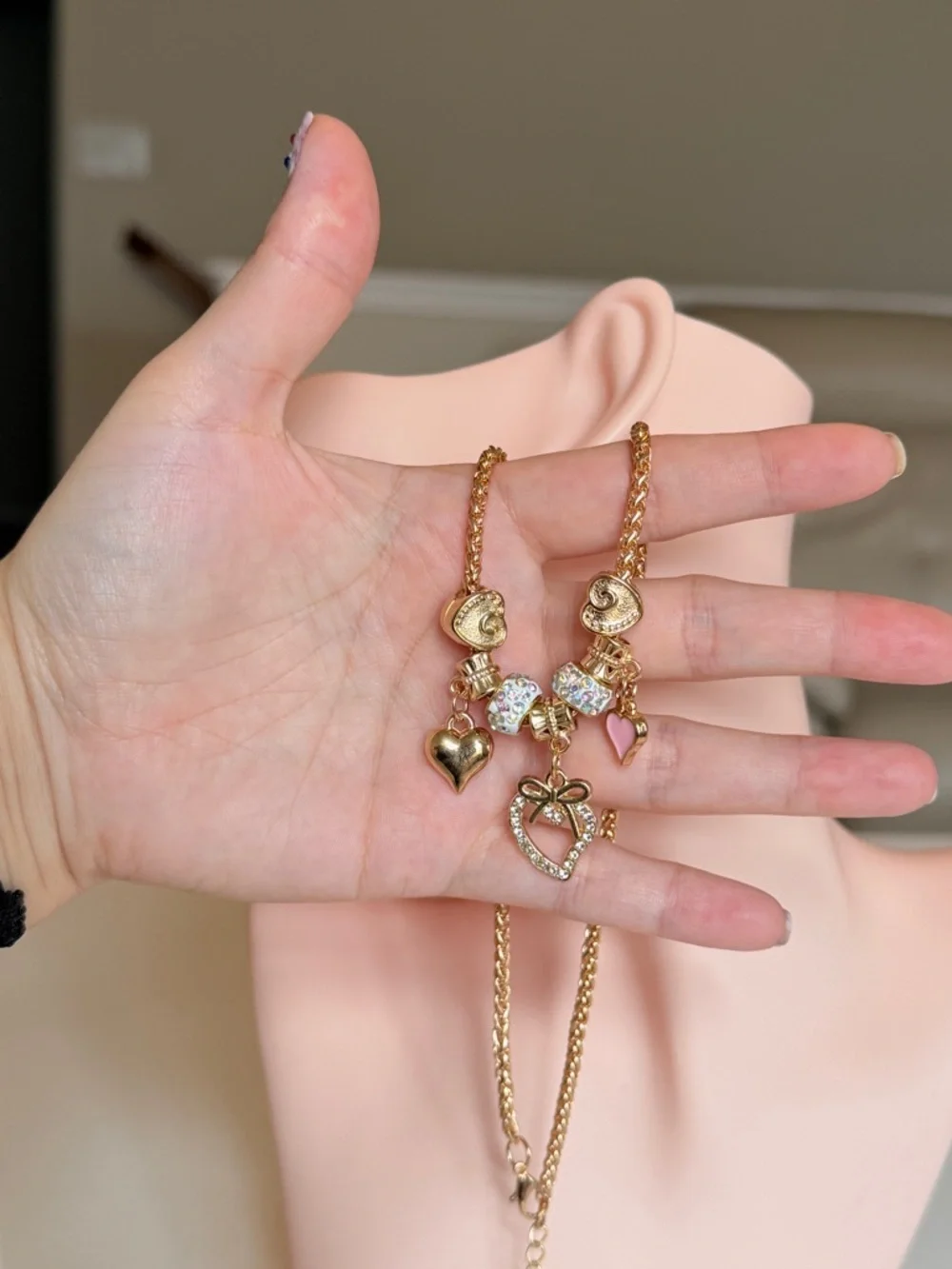 Gold Heart Charm Necklace with Pink Accent